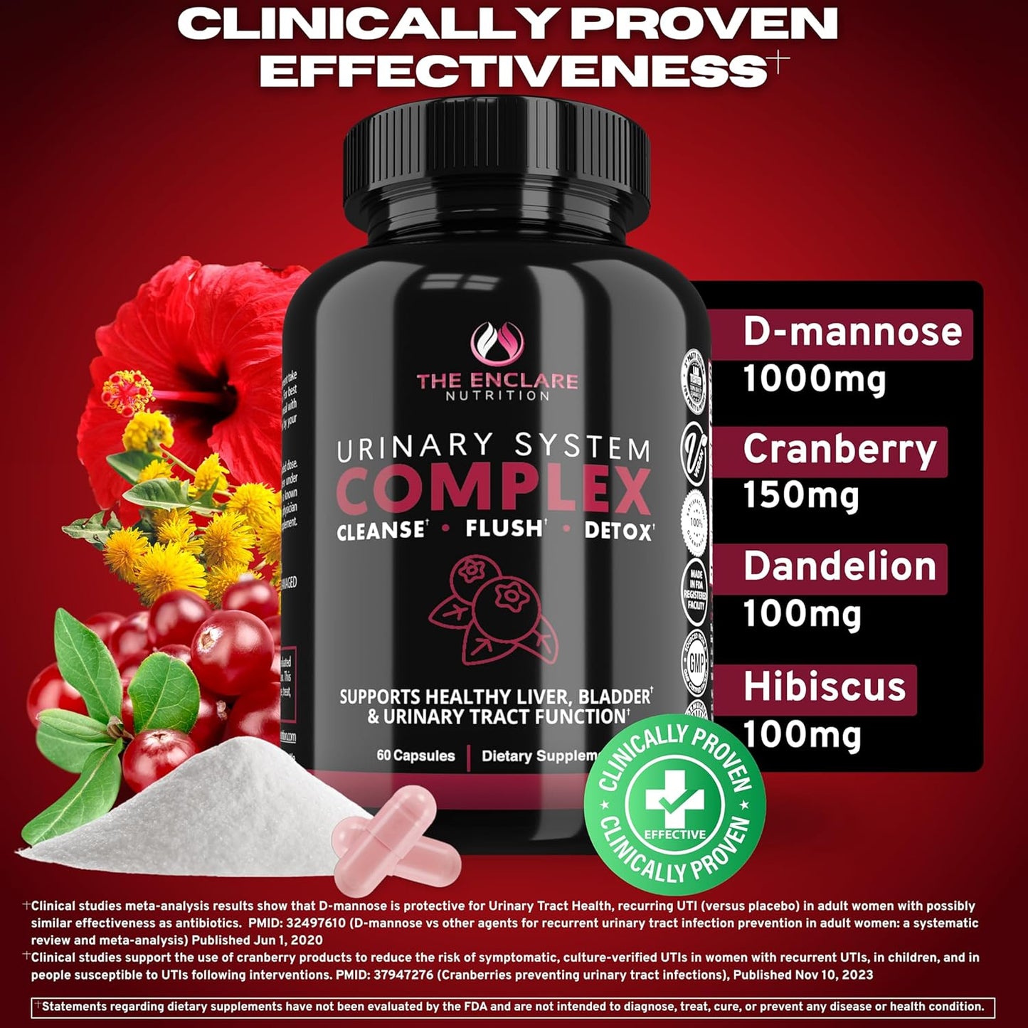 THE ENCLARE NUTRITION D Mannose Capsules|1000mg with Cranberry Pills for Women & Men, Hibiscus & Dandelion. Fast-Acting Urinary Tract Health, Bladder Control, Liver Support, Kidney Cleanse & Detox(3)