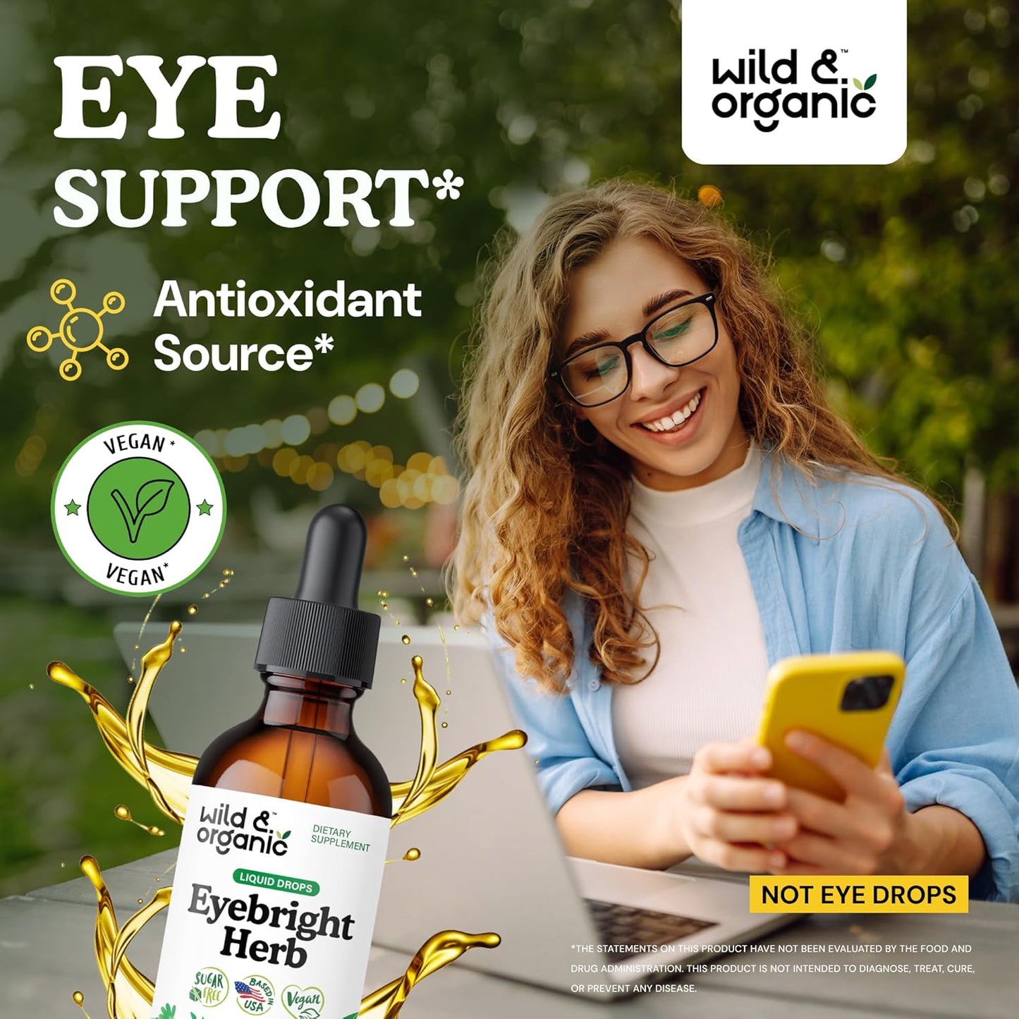Wild & Organic Eyebright Herb Tincture - Eye Support with Eyebright Supplement - Dietary Euphrasia Extract Liquid Drops - Vegan, Sugar Alcohol-Free - 2 fl oz