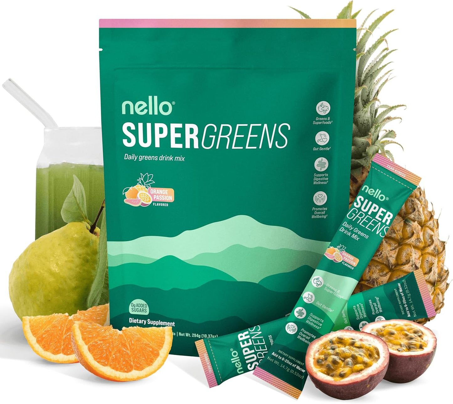 Supergreens Premium Superfood Greens Drink Mix w/Chlorella, Moringa, Spinach & Broccoli + Digestive Enzymes & Probiotic Blend -Nutrient-Packed Powder Wellness (Orange 20 SRV, Travel Pack)