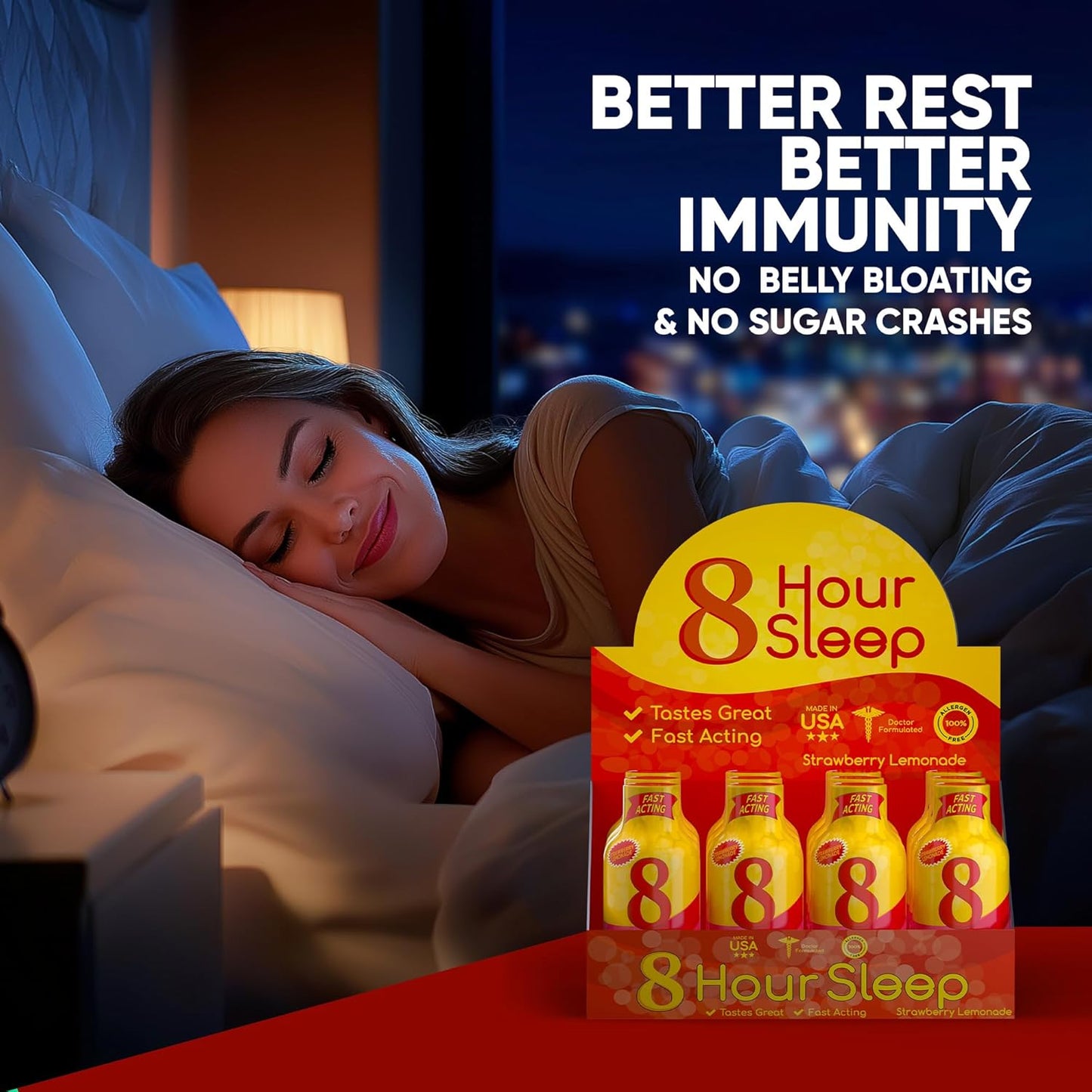 Vitamin Energy 8 Hour Sleep Shot Strawberry Lemonade 10 Pack, Melatonin, 5-HTP, GABA, Valerian, Lavender, Nighttime Relaxation & Sleep Support Supplement, Zero Sugar, Vegan, Gluten-Free, Kosher, 1.93 fl oz