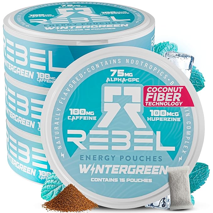 Nootropic Energy Caffeine Pouches (Wintergreen) • 100mg Caffeine • Alpha GPC • Huperzine A & Essential Vitamins • Sugar-Free • Coconut Fiber Technology • 15 Pouches Per Can (Pack of 4)