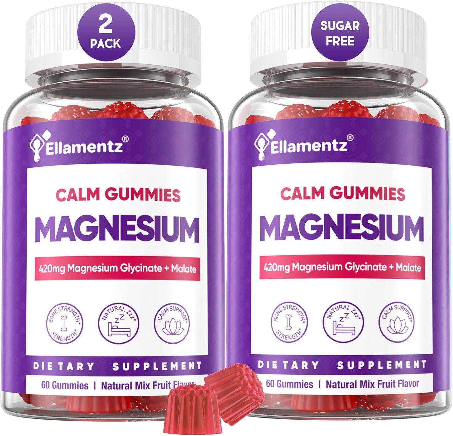 Magnesium Glycinate Gummies 420mg for Adults, Sugar Free Magnesium Supplement with Malate, Ashwagandha, L-Theanine, Vitamin D3 & B6 for Brain Calm, Bone Health & Sleep Support, 120Cts