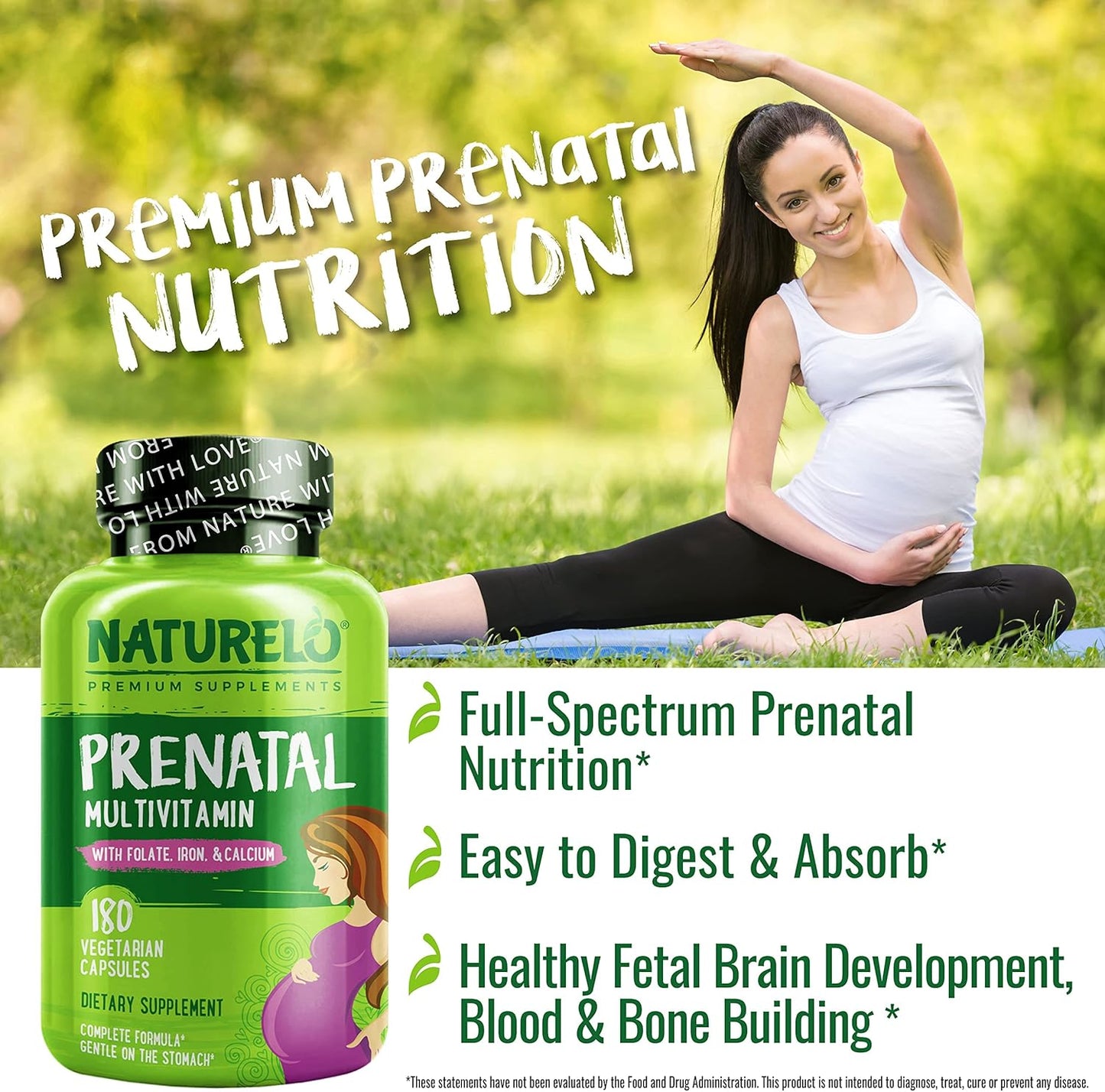 NATURELO Prenatal Multivitamin with Gentle Chelated Iron, Methyl Folate, Plant Calcium & Choline - Vegan, Vegetarian - Non-GMO - Gluten Free - 180 Capsules - 2 Month Supply