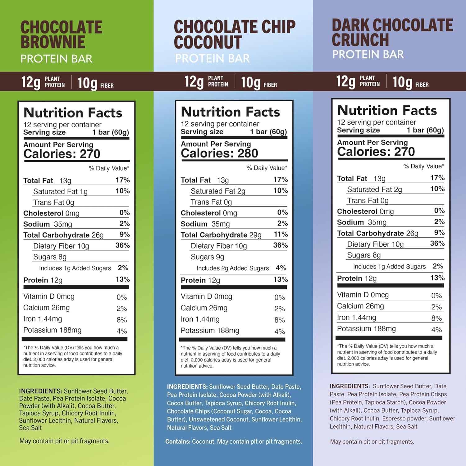 Amrita Nut Free Variety Pack Vegan Protein Bars (12 Count PK of 3) | 11g to 12g Plant-Based Protein Bar | Peanut Free, Gluten Free, and Dairy Free | Low Sugar, High Fiber, Healthy School-Safe Snacks