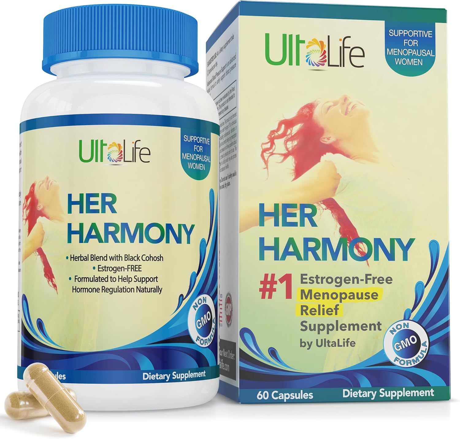UltaLife Her Harmony Menopause Supplements for Women - Hot Flashes Menopause Relief & Hormone Balance for Women - Contains Black Cohosh, Dong Quai, Red Clover & More - Estrogen Free - 60 Capsules