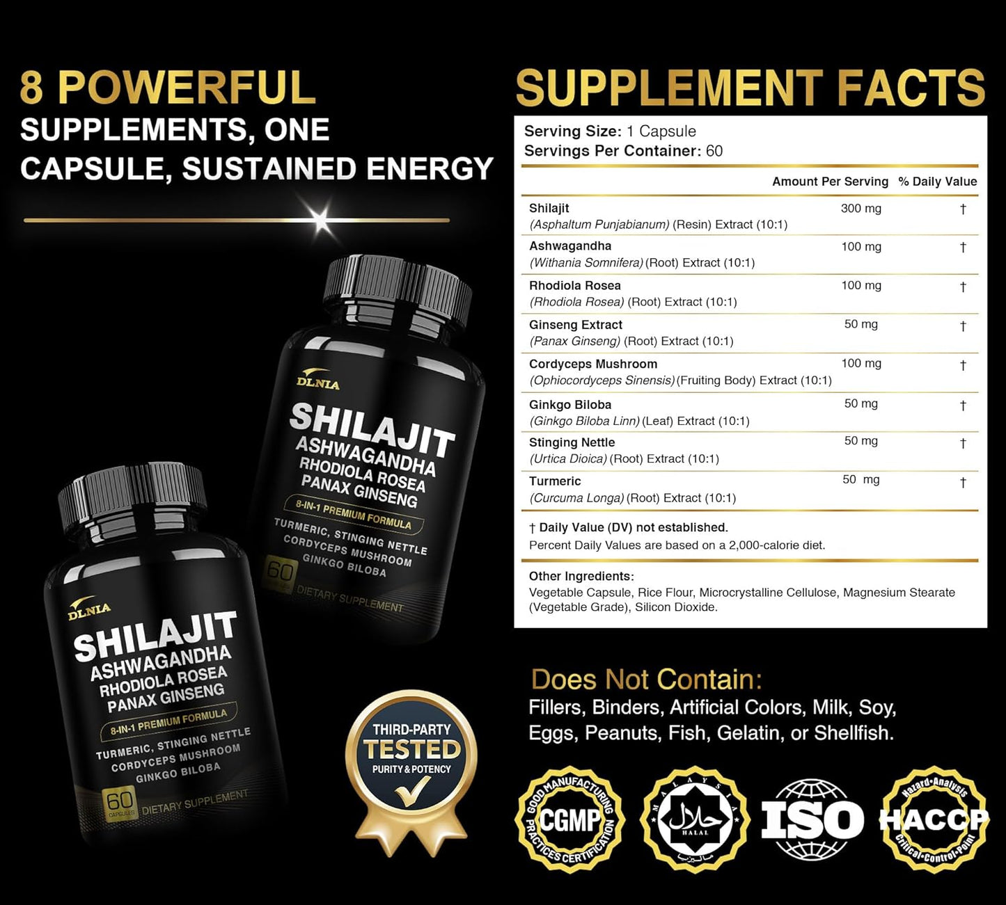 8-in-1 Shilajit for Men & Women with Ashwaganda Himalayan Organic Supplement with Rhodiola Rosea, Ginseng, Turmeric, Mushroom, for Immune Support, Energy, Calm, Focus, Clarity, Sleep, Cortisol