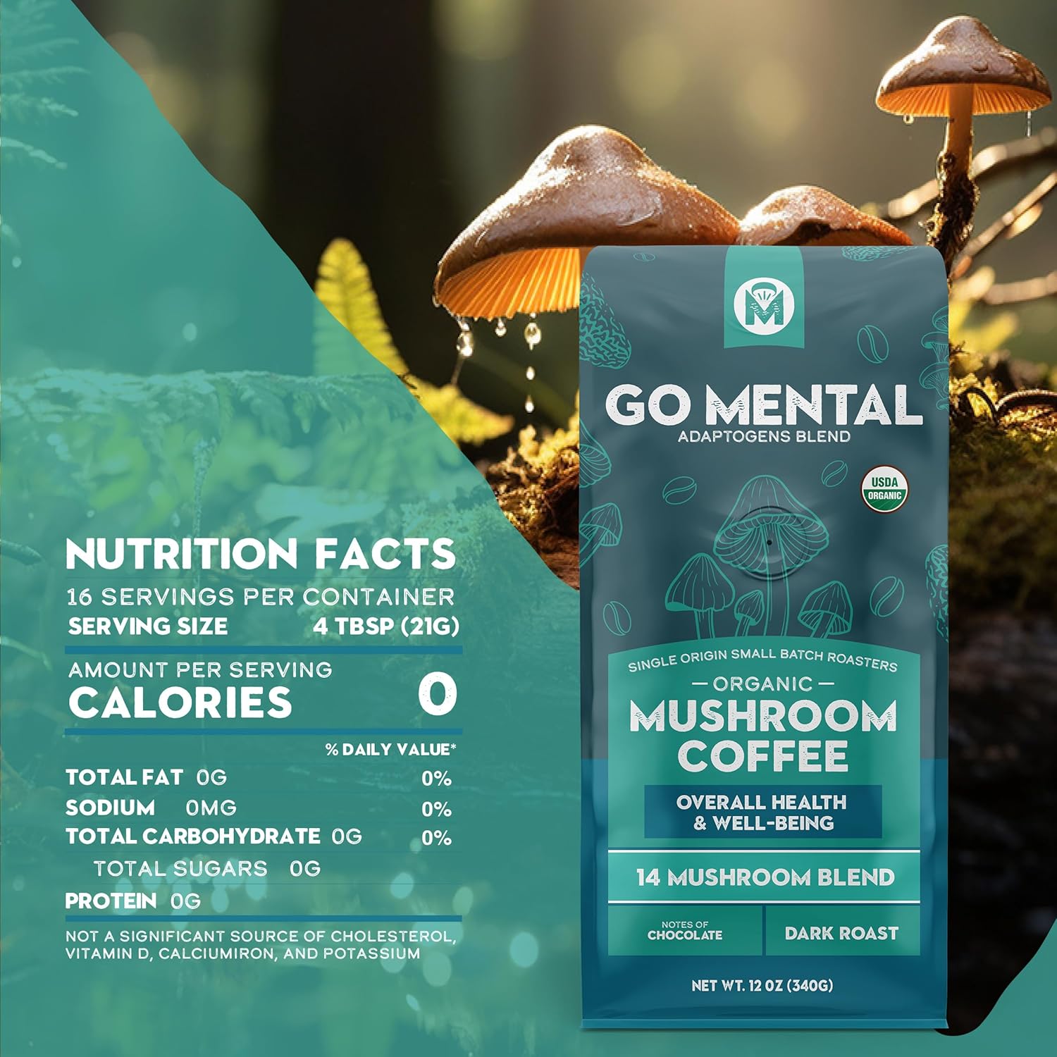 Organic 14 Mushroom Coffee Blend Dark Roast, Organic Lion's Mane, Chaga, Red Reishi and more, Chocolate Notes, Enhances Overall Health, Immune Support And Wellbeing, Ground 12 oz Bag