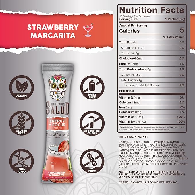 Salud 2-in-1 Energy Drink Powder + Focus, Strawberry Margarita, Organic Caffeine, B6 + B12, Theanine, Clean Energy Drink Packets, Agua Fresca Mix, Non-GMO, Gluten Free, Vegan, 1g of Sugar, (15 Servings)