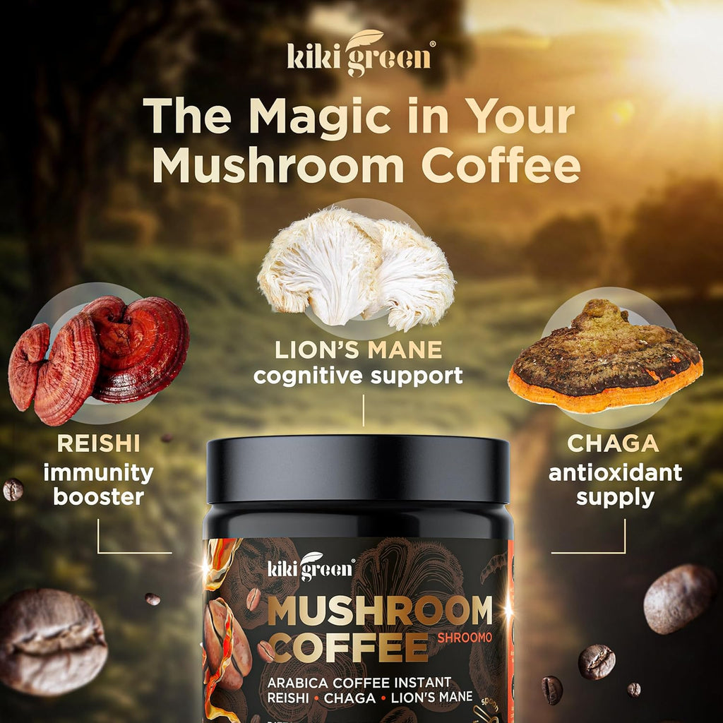 KIKI Green Mushroom Coffee - Instant Arabica Brew with Reishi, Chaga, Lion's Mane - Everyday Alternative for Focus, Energy, Immunity - 7 oz, 40 Servings
