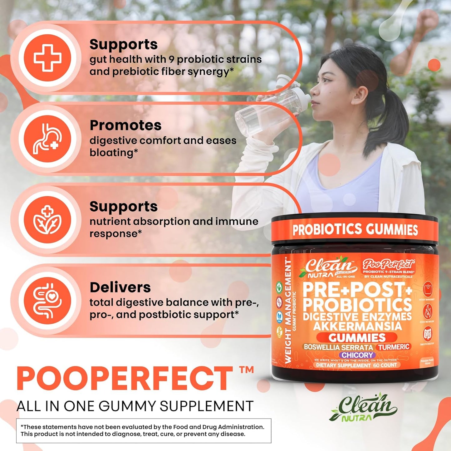 Clean Nutra Prebiotic Postbiotic Digestive Enzymes Gummies with Chicory Root, Boswellia Serrata, Turmeric, and Akkermansia | Pre+Post Probiotics Supplement | 60 Count Gummy | PooPerfect