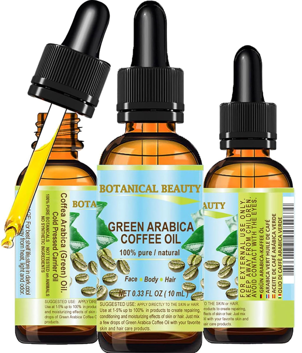 Botanical Beauty GREEN ARABICA COFFEE OIL Brazilian 100% Pure Virgin Unrefined for Face, Skin, Hair, Lip, Nails. Anti - Aging Face Oil (0.33 Fl Oz)