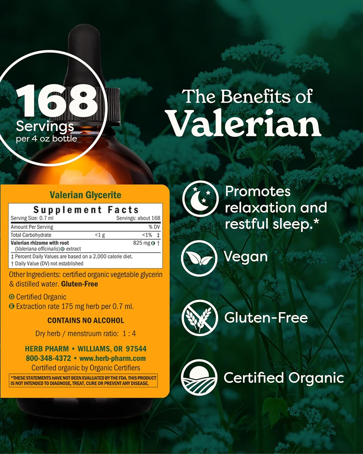 Herb Pharm Certified Organic Valerian Root Liquid Extract for Relaxation and Restful Sleep, Organic Cane Alcohol, 4 Ounce