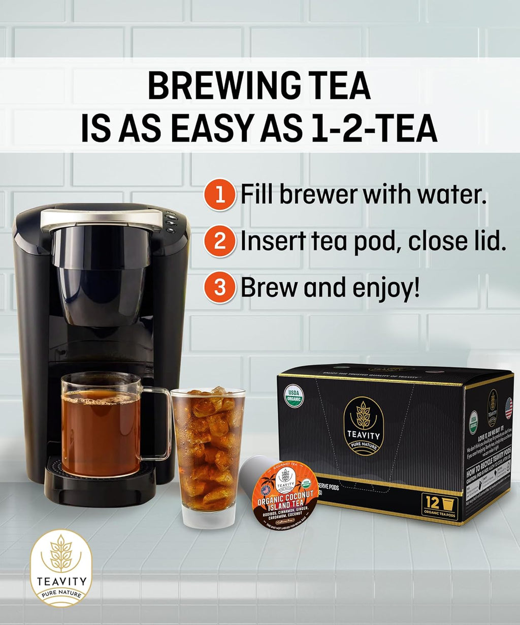 TEAVITY Organic Coconut Island Tea Pods | Recyclable Single-Serve Tea Pods Compatible with Keurig K-Cup 2.0 Brewers | Certified USDA Organic | 36 Count (Pack of 1)