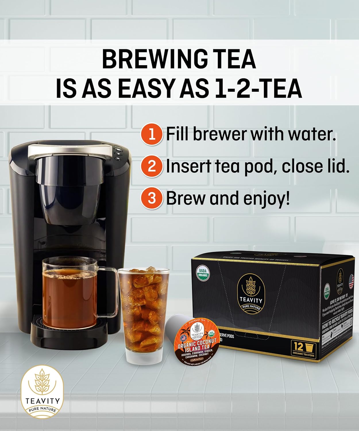 TEAVITY Organic Coconut Island Tea Pods | Recyclable Single-Serve Tea Pods Compatible with Keurig K-Cup 2.0 Brewers | Certified USDA Organic | 36 Count (Pack of 1)