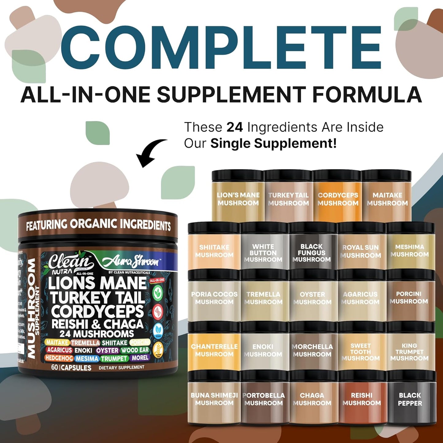 AuraShroom Mushroom Supplement Lions Mane Turkey Tail Cordyceps Reishi Shiitake Chaga Oyster Stress Relief Immune Support Nootropic Energy Portobello Mushrooms 60 Capsules by Clean Nutra