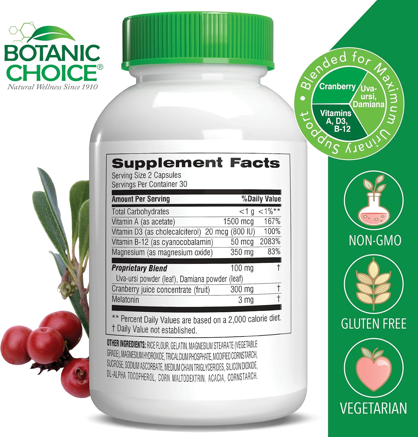 Botanic Choice Pro-Advanced Urinary Formula-Blend for Urinary Tract Health Support - Magnesium Cranberry Uva Ursi Damiana - 60 Capsules
