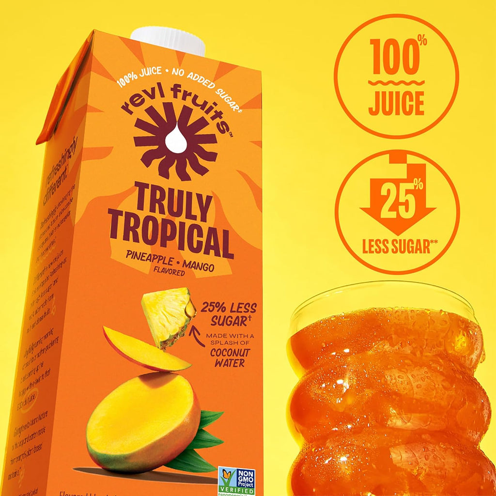 Revl Fruits™ 100% Juice, No Added Sugar, Pineapple Mango, Truly Tropical, 32 fl oz. Carton (Pack of 6)