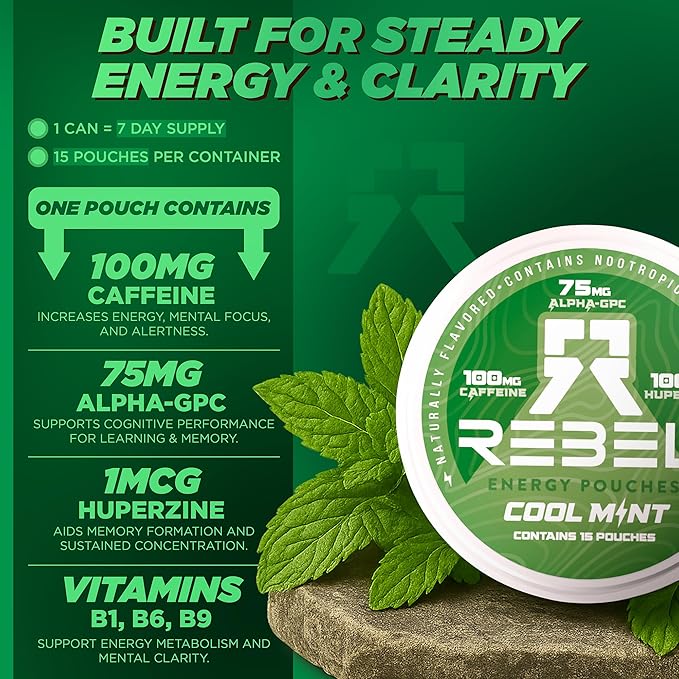 Nootropic Energy Caffeine Pouches (Cool Mint) • 100mg Caffeine • Alpha GPC • Huperzine A & Essential Vitamins • Sugar-Free • Coconut Fiber Technology • 15 Pouches Per Can (Pack of 4)