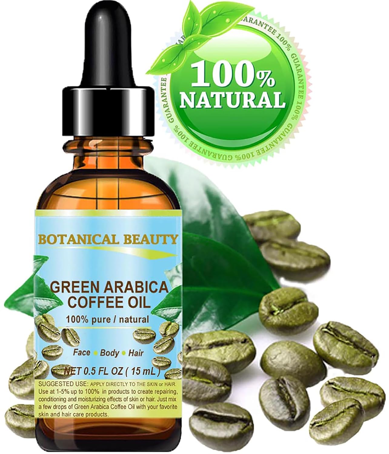 Botanical Beauty GREEN ARABICA COFFEE OIL Brazilian 100% Pure Virgin Unrefined for Face, Skin, Hair, Lip, Nails. Anti - Aging Face Oil (0.5 Fl Oz)