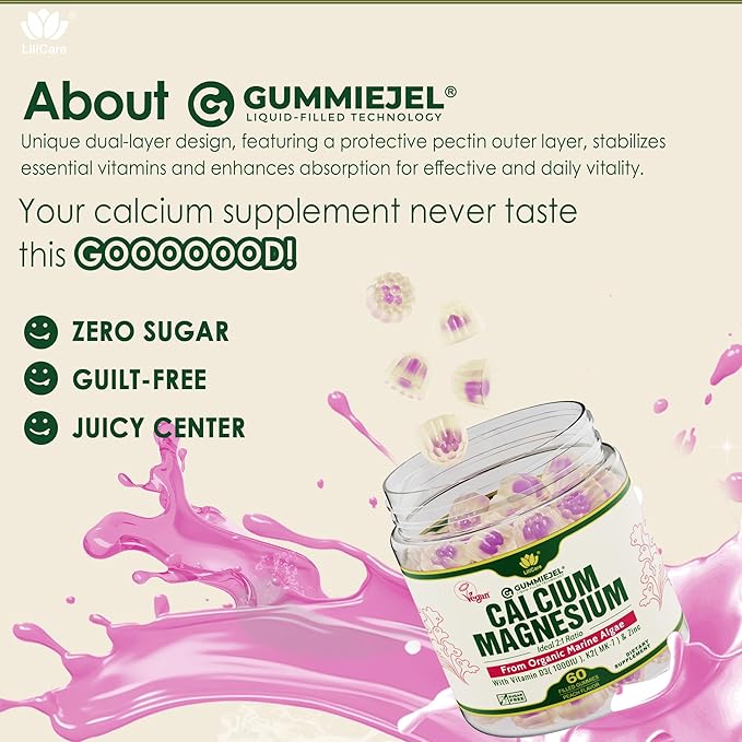 Plant Based Calcium Gummies 600mg with Vitamin D3 K2, Magnesium, Zinc for Bone Strength, Sugar Free Calcium Supplements for Women & Men (Certified Vegan) from Sustainably Organic Red Algae - 60 Counts