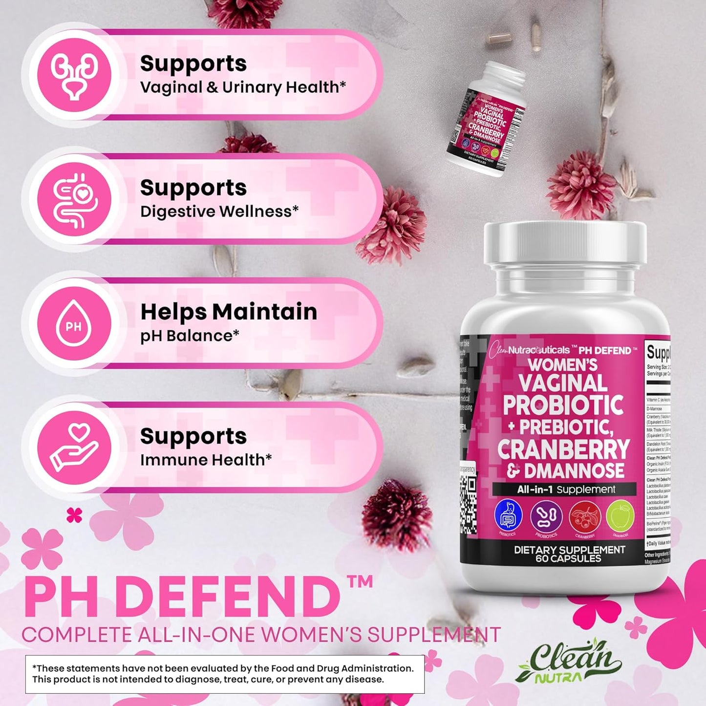 Clean Nutraceuticals Vaginal Probiotics for Women with Cranberry, D-Mannose, Prebiotics, pH Balance Support, Feminine Health, Urinary Tract Cleanse – Capsule Alternative to Gummies – 60 Count