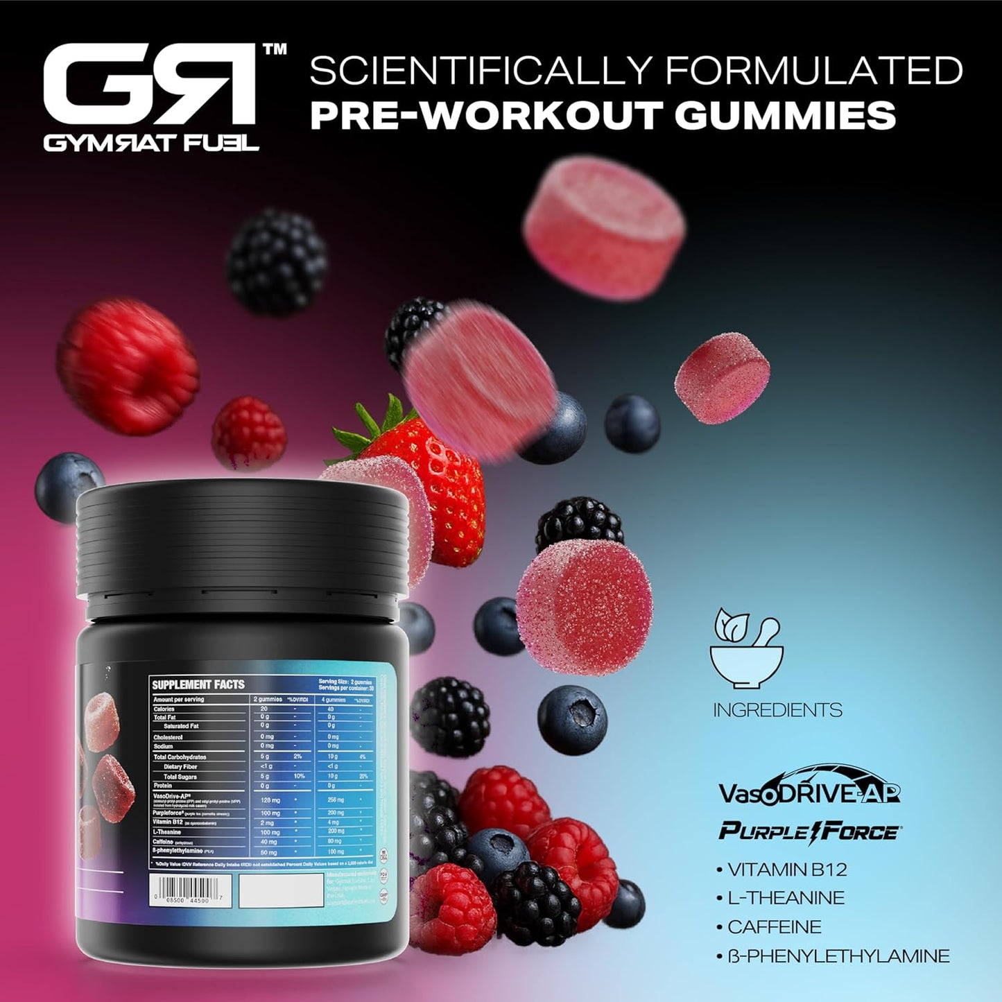 GymRat Pre Workout Gummies – Sour Berry Flavor, Intense Energy & Focus, First with Purple Force™, Vasodrive-AP, Guarana, Pea & L-Theanine – USA Made & GMP Certified (60 Ct)