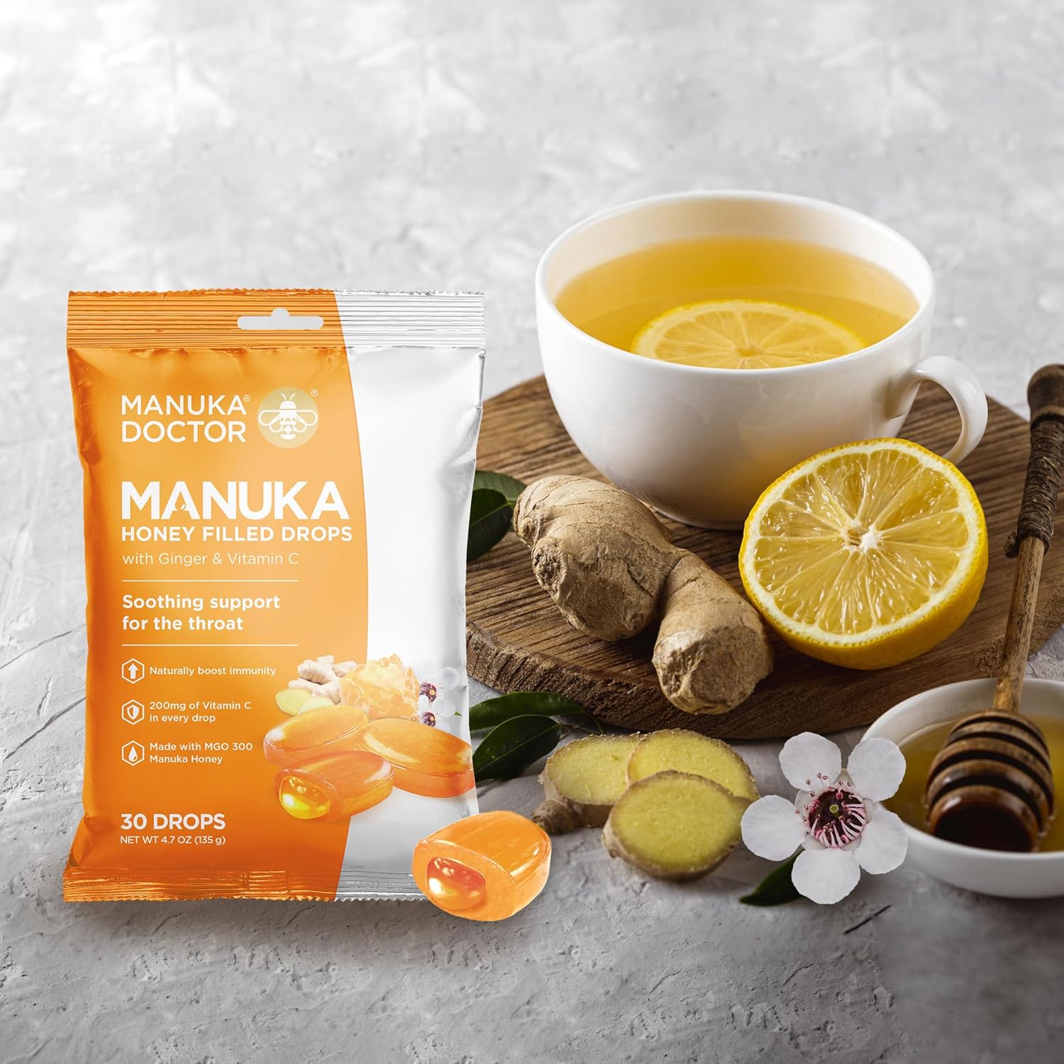 Manuka Doctor Cough Drops, Manuka Middles, 30 Drops (Pack of 1) Bag Throat Lozenges Infused with Raw Manuka Honey, Vitamin C & Ginger for Immune Support, Helps Soothe Sore Throat
