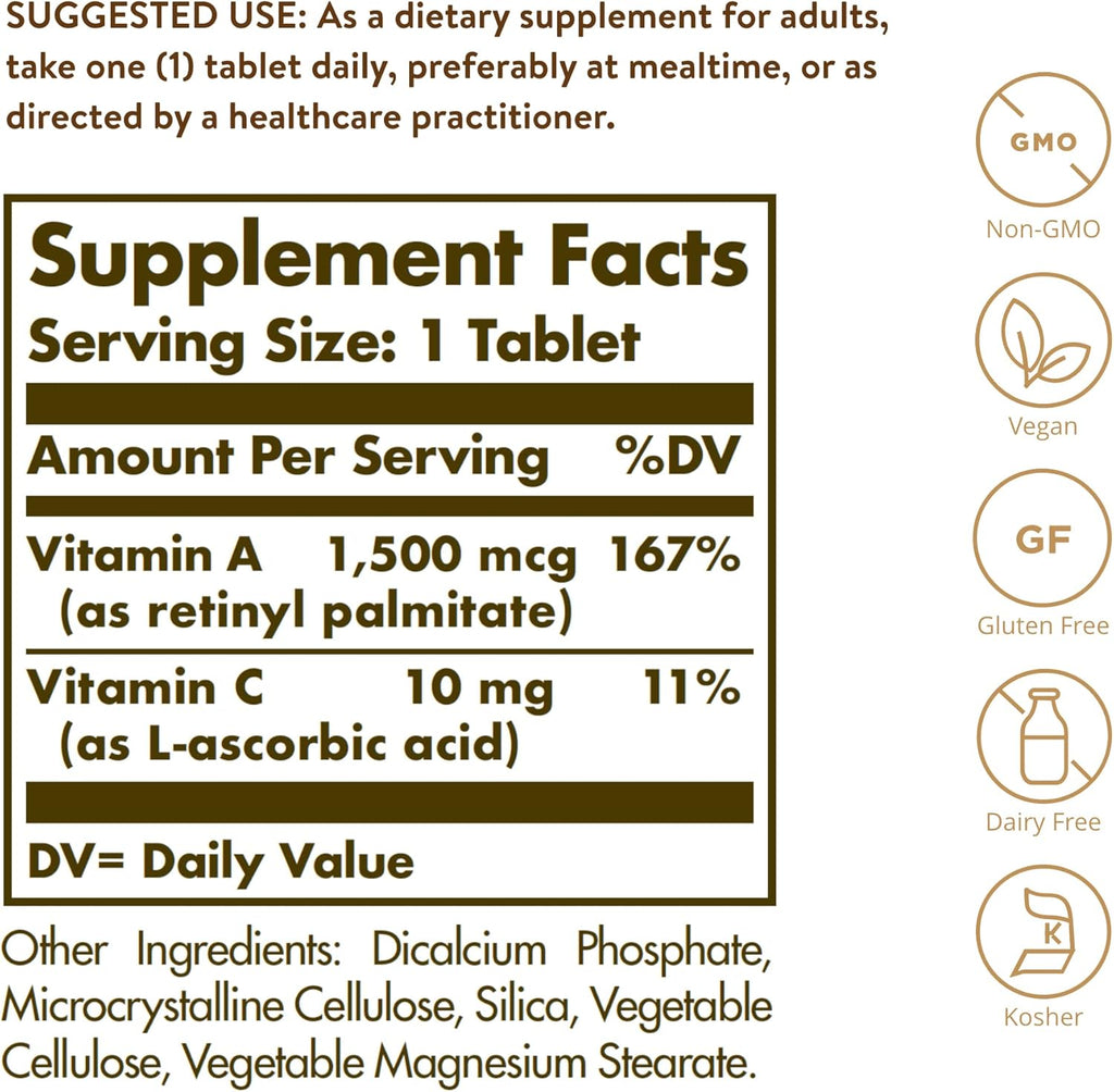 Solgar Dry Vitamin A 1500 mcg (5000 IU), 100 Tablets - Supports Healthy Eyes, Skin & Immune System - Non-GMO, Vegan, Gluten Free, Dairy Free, Kosher - 100 Servings