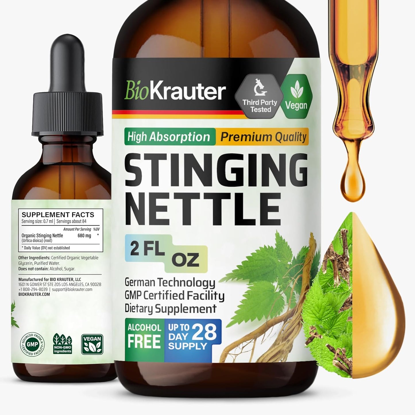 BIO KRAUTER Stinging Nettle Tincture - Nettle Root Extract Liquid - Urinary Support Supplement - Urtica Dioica Natural Extract - Vegan, Sugar & Alcohol Free Drops 2 Fl.Oz.