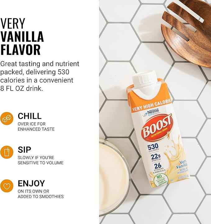 Boost Very High Calorie Vanilla Nutritional Drink – 22g Protein, 530 Nutrient Rich Calories, 8 Fl Oz (Pack of 24)