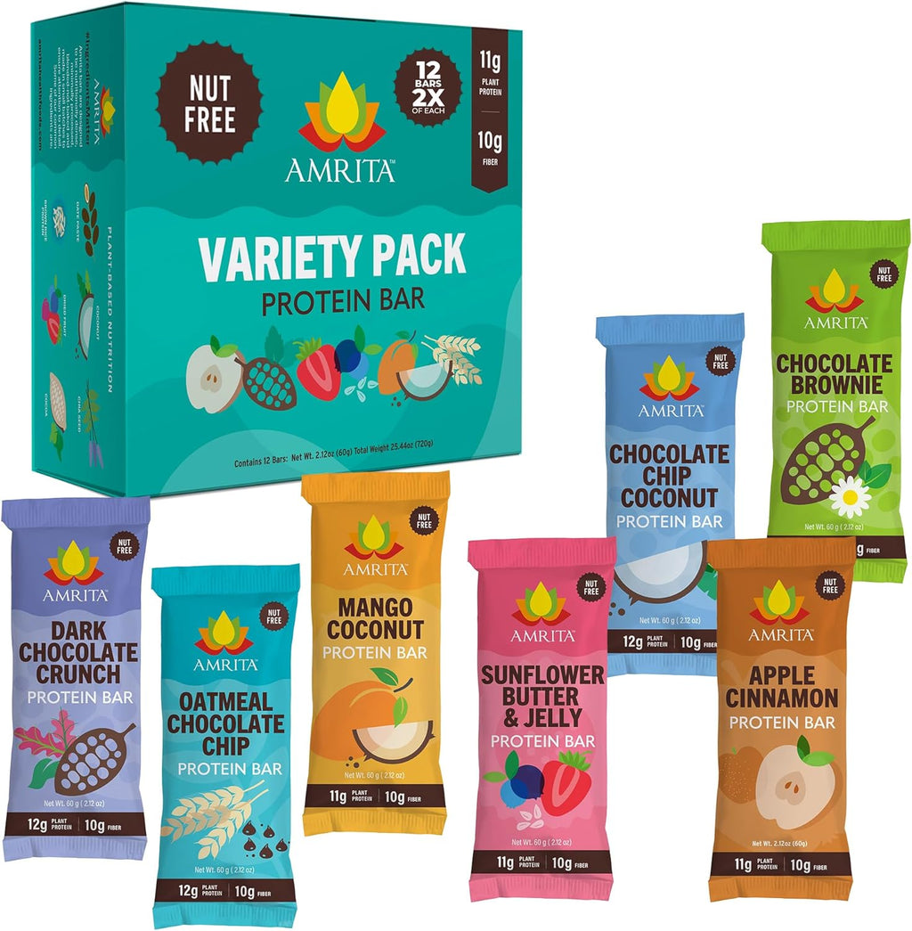 Amrita Nut Free 6 Flavor Variety Pack Vegan Protein Bars (12 CT) | 11g to 12g Plant-Based Protein Bar | Peanut Free, Gluten Free, and Dairy Free | Low Sugar, High Fiber, Healthy School-Safe Snacks