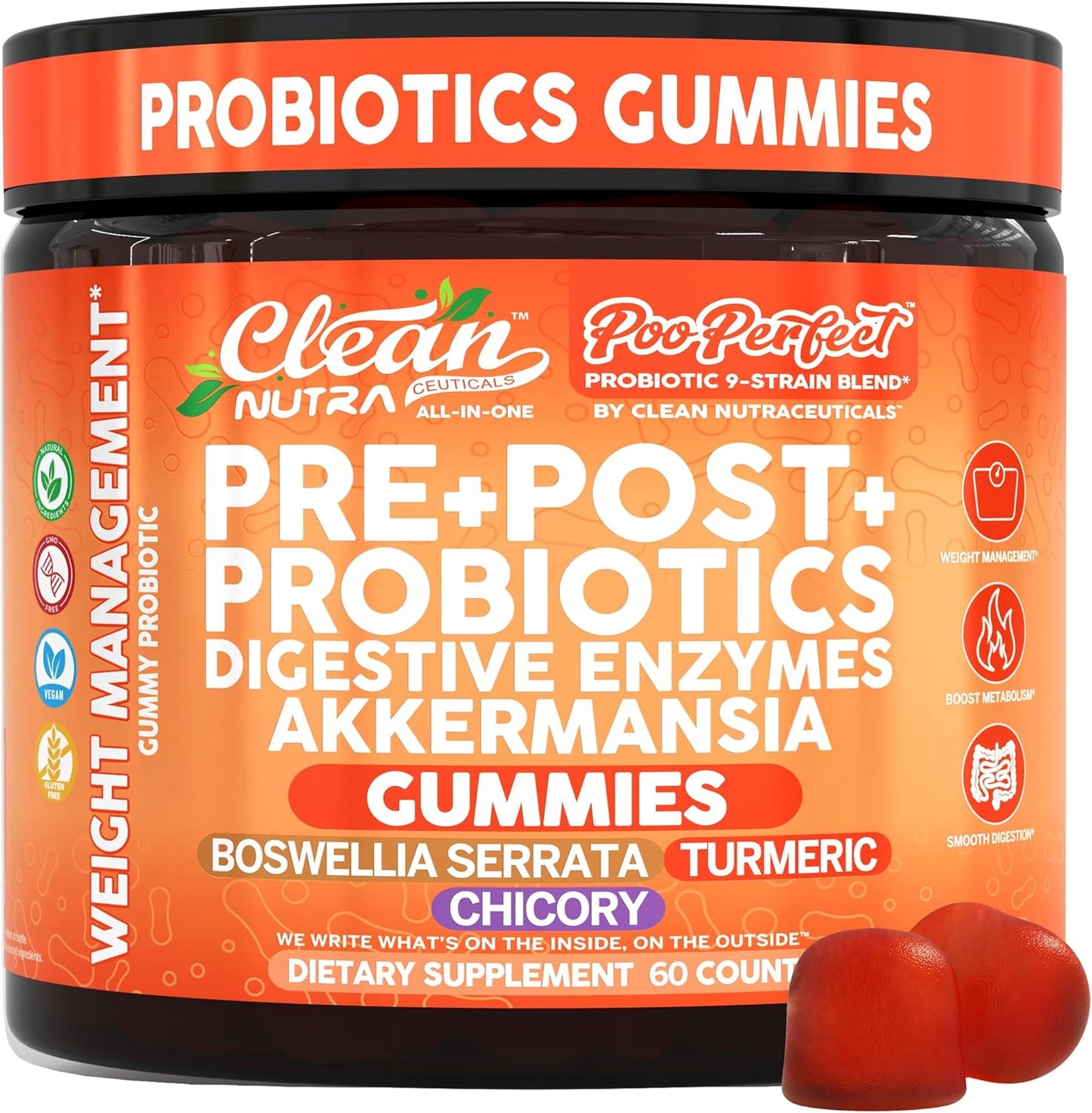 Clean Nutra Prebiotic Postbiotic Digestive Enzymes Gummies with Chicory Root, Boswellia Serrata, Turmeric, and Akkermansia | Pre+Post Probiotics Supplement | 60 Count Gummy | PooPerfect
