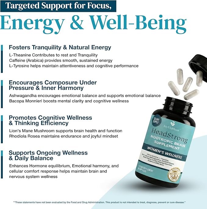 HeadStrong Nootropic Brain Supplement for Women – Cognitive Support Supplements – Advanced Memory Formula for Mood Support & Daily Wellness – Unflavored, Vegan & Gut-Friendly – 90 Capsules