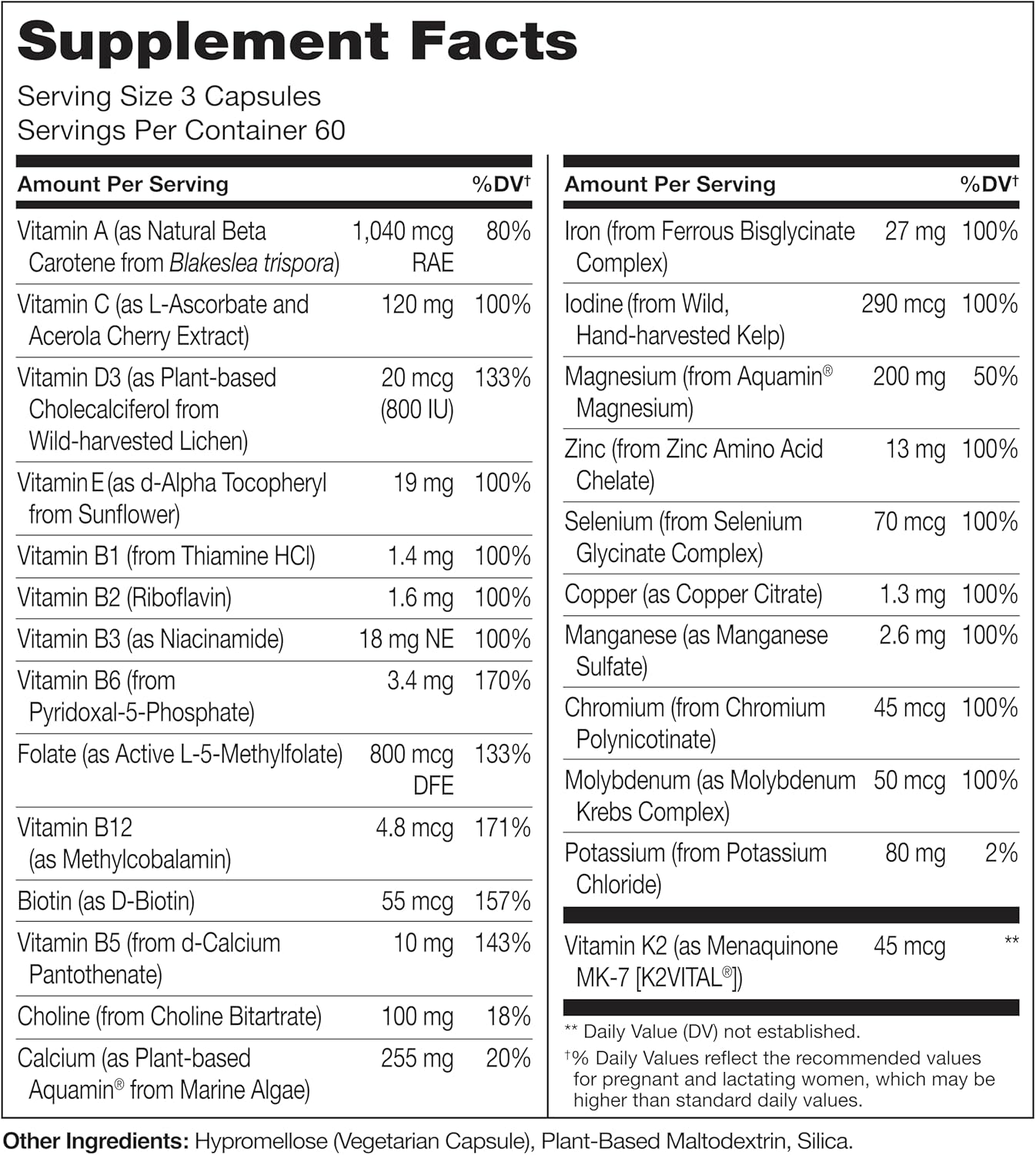 NATURELO Prenatal Multivitamin with Gentle Chelated Iron, Methyl Folate, Plant Calcium & Choline - Vegan, Vegetarian - Non-GMO - Gluten Free - 180 Capsules - 2 Month Supply