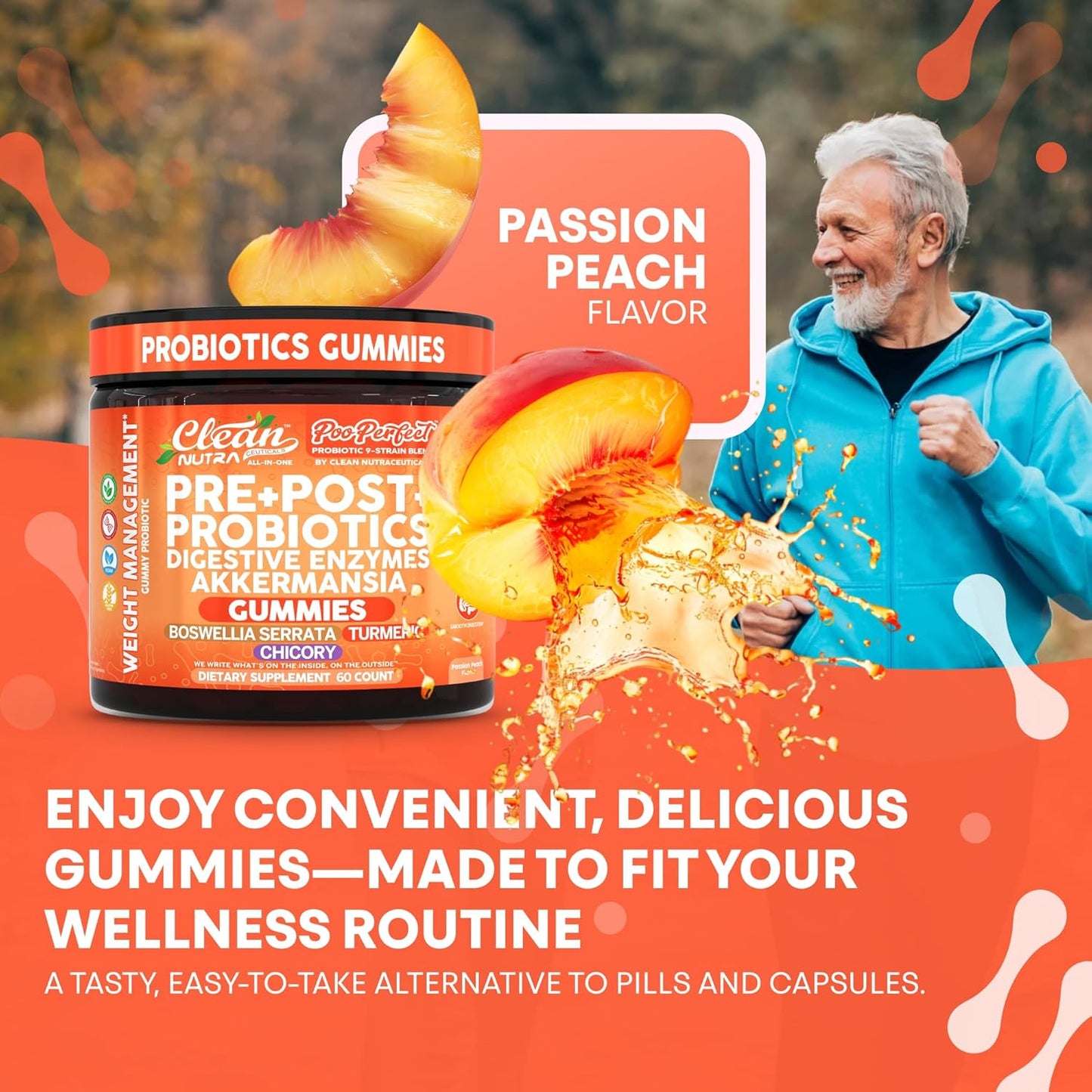 Clean Nutra Prebiotic Postbiotic Digestive Enzymes Gummies with Chicory Root, Boswellia Serrata, Turmeric, and Akkermansia | Pre+Post Probiotics Supplement | 60 Count Gummy | PooPerfect