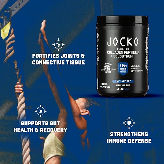 Jocko Fuel Collagen Powder with Colostrum – 15g Hydrolyzed Collagen + 2g First-Milking Colostrum – Dual Action for Gut Health, Joint Support, and Immune Defense – Recovery Supplement (30 Servings)