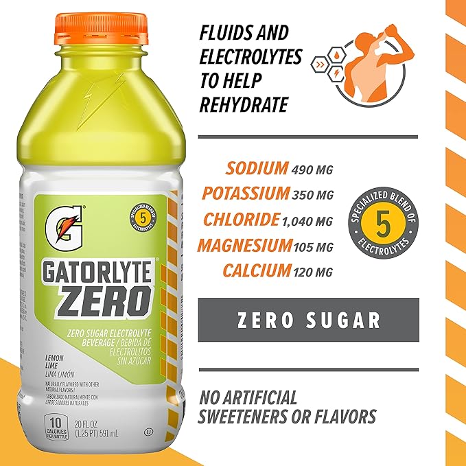 Gatorlyte Zero Electrolyte Beverage, Lemon Lime, Zero Sugar Hydration, Specialized Blend of 5 Electrolytes, No Artificial Sweeteners or Flavors, 20 Fl Oz Bottles (Pack of 12)