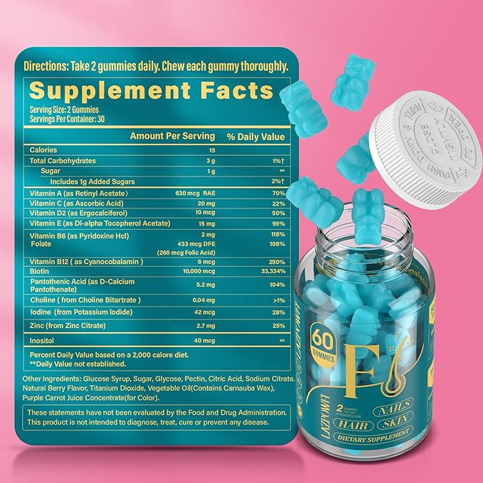 Biotin Gummies -Hair Skin and Nails Vitamins for Men & Women, Vegan Vitamin B7, Supports Hair Growth and Stronger Nails,30 Day Supply - Blueberry-60 Counts