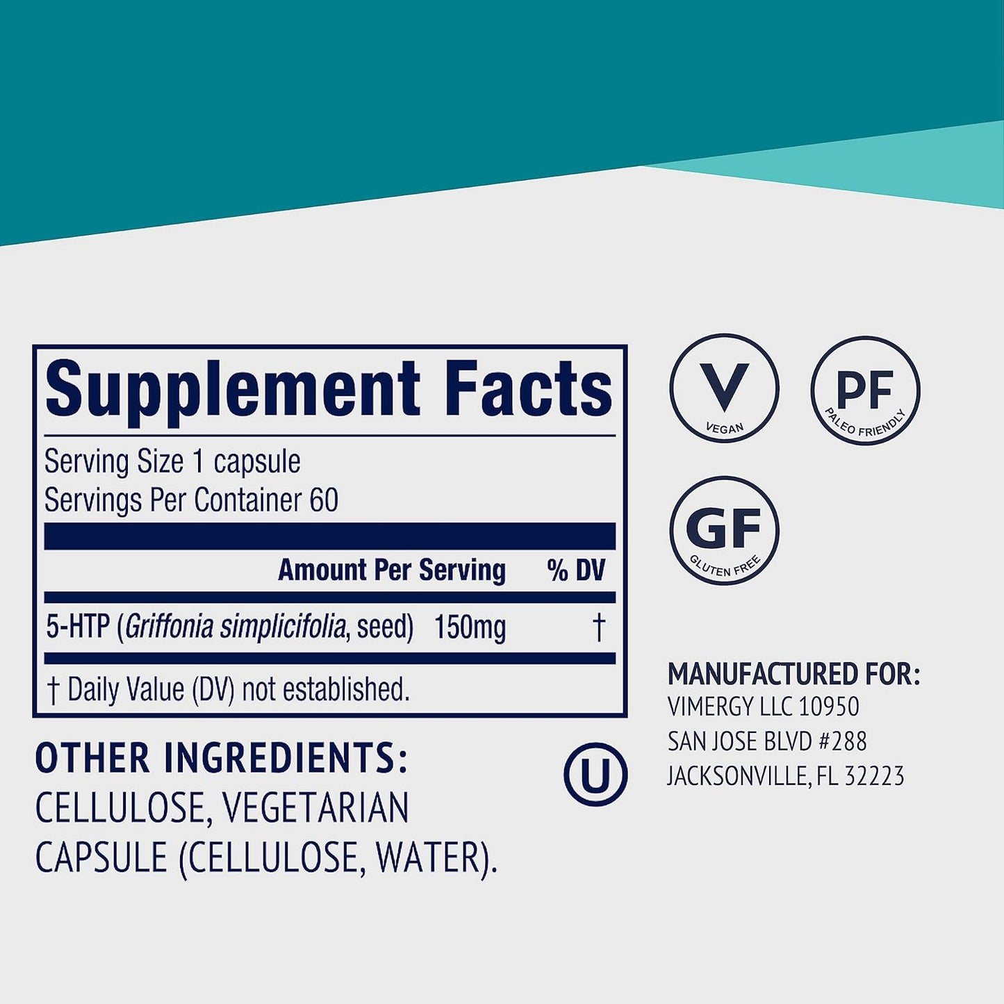 Vimergy 5-HTP Capsules– Clean Formula Supporting a Healthy Mood, Better Sleep and May Enhance Serotonin Levels.* Kosher and Vegan. – (60 ct.)
