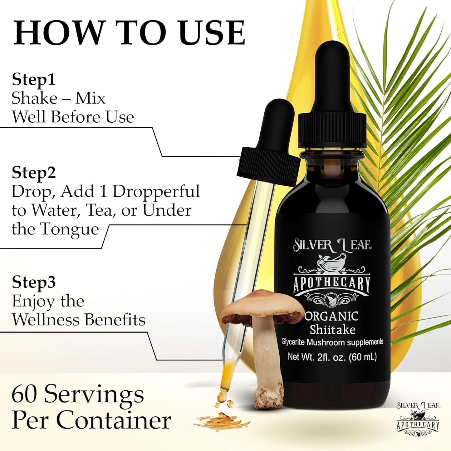 Organic Triple-Extracted Shiitake Mushrooms Tincture Immune Support Supplement for Overall Wellness Grown and Harvested in USA - 2 Fl Oz (60 mL)