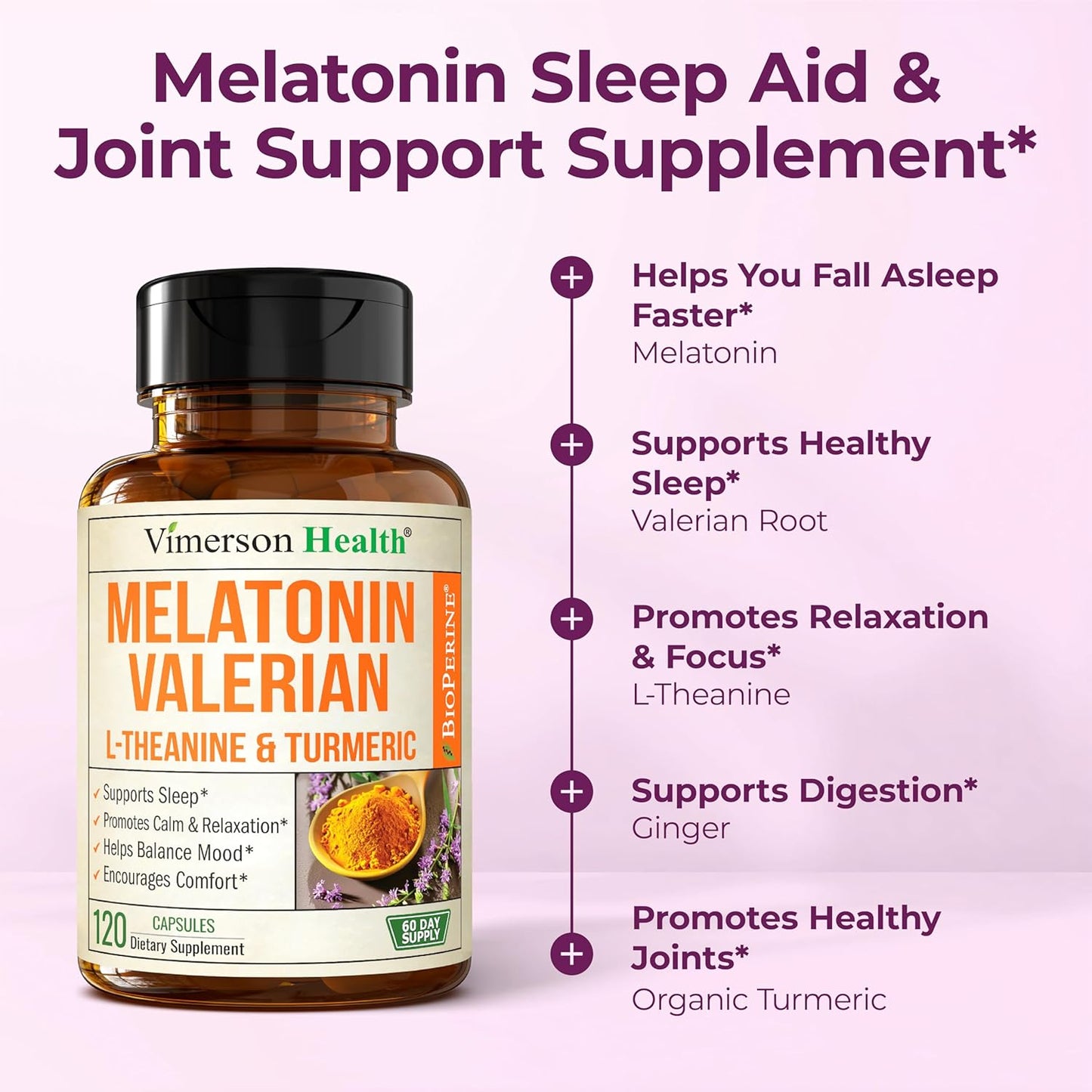 Melatonin Sleep Aid with L Theanine & Valerian Root – Turmeric Supplement – Turmeric Curcumin with Ginger & Black Pepper – L-Theanine & Melatonin 3mg for Sleep, Calm and Stress Relief – 120 Capsules