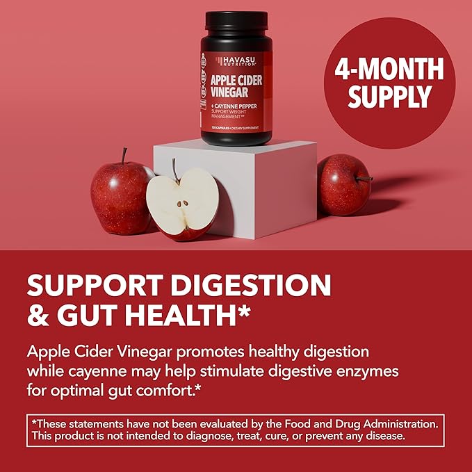 Apple Cider Vinegar Capsules with Cayenne Pepper for Digestive Health Support - 500mg ACV and 20mg Capsicum Annuum - Easy-to-Take, Unflavored Pills - 120 Count - Vegan, Non-GMO - 4 Month Supply