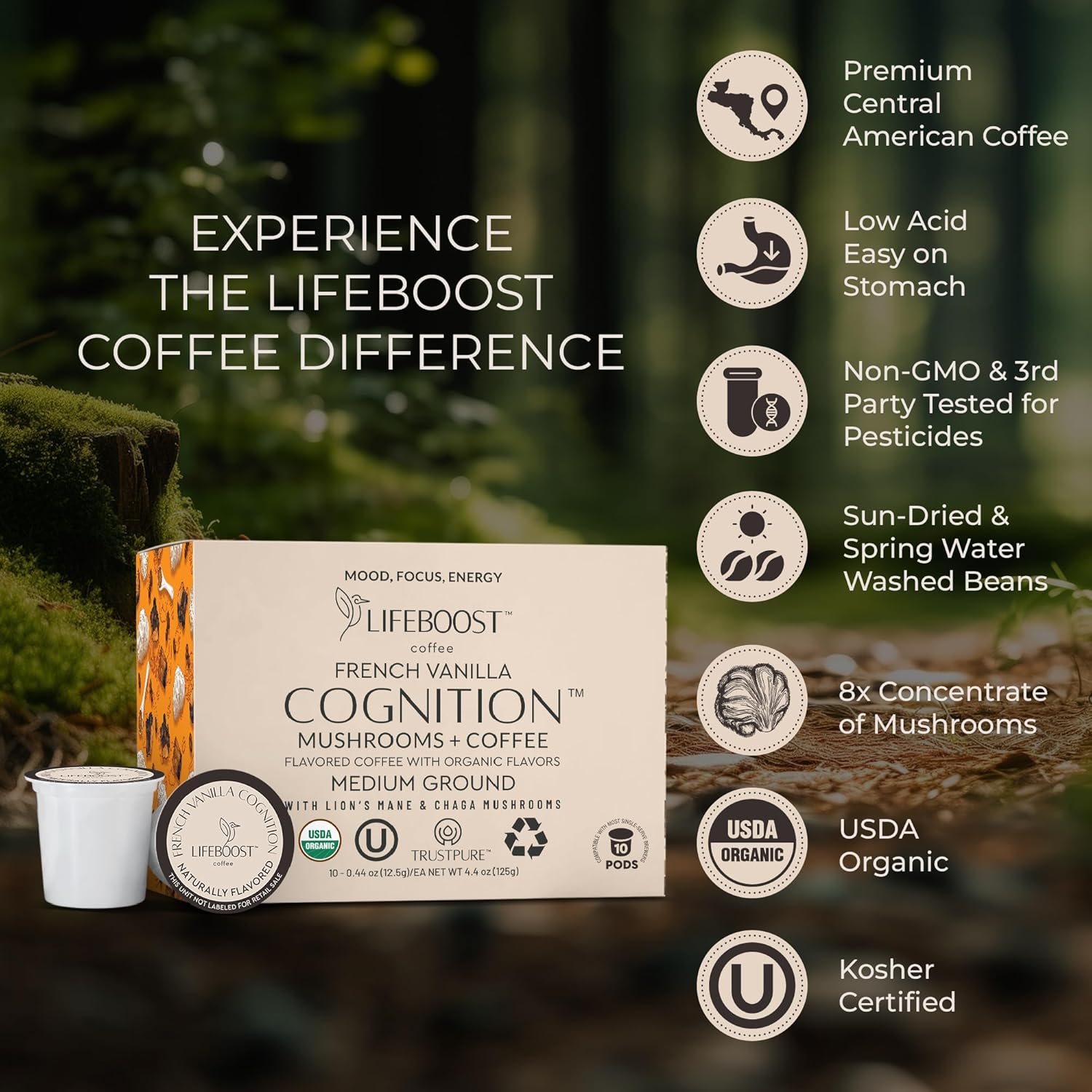 Lifeboost French Vanilla Cognition Mushroom Coffee Pods - Low Acid Organic K-Cups with Lion’s Mane & Chaga Nootropic Mushrooms for Focus, Energy & Immune Support - 10 Count