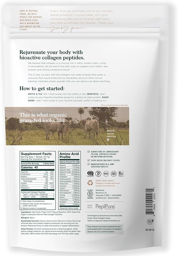 Natural Force Organic Clean Collagen Peptides Powder - USDA Certified Organic & Non-GMO, Keto & Paleo Certified - Hydrolyzed Type I & III Protein Powder with Essential Amino Acids – Unflavored, 10.7oz