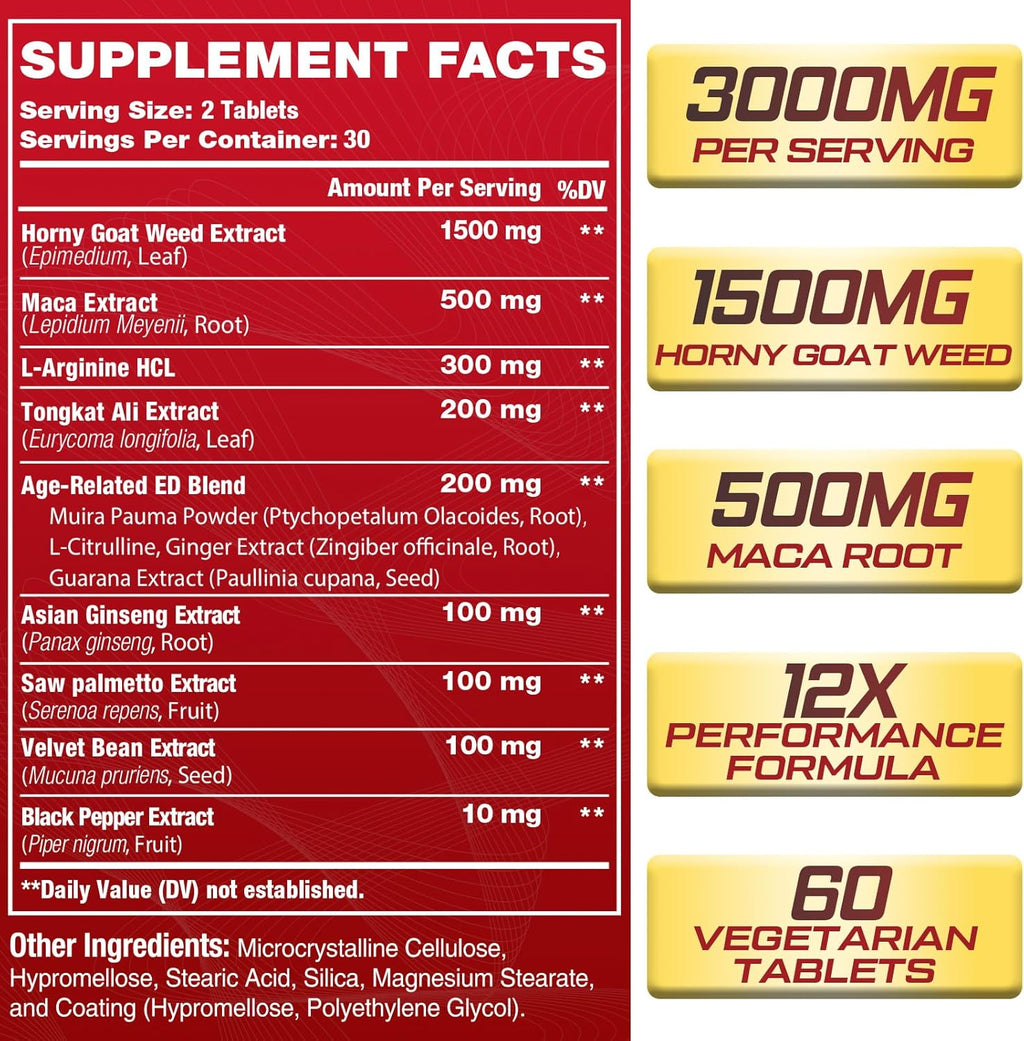 Hornygoatweed for Men, 12 in 1 Horny Goat Weed, Maximum Strength Male Enhancing Supplement with Maca Root, Tongkat Ali, Panax Ginseng, Saw Palmetto, for Hormone, Stamina, Performance, Energy, 60 Count