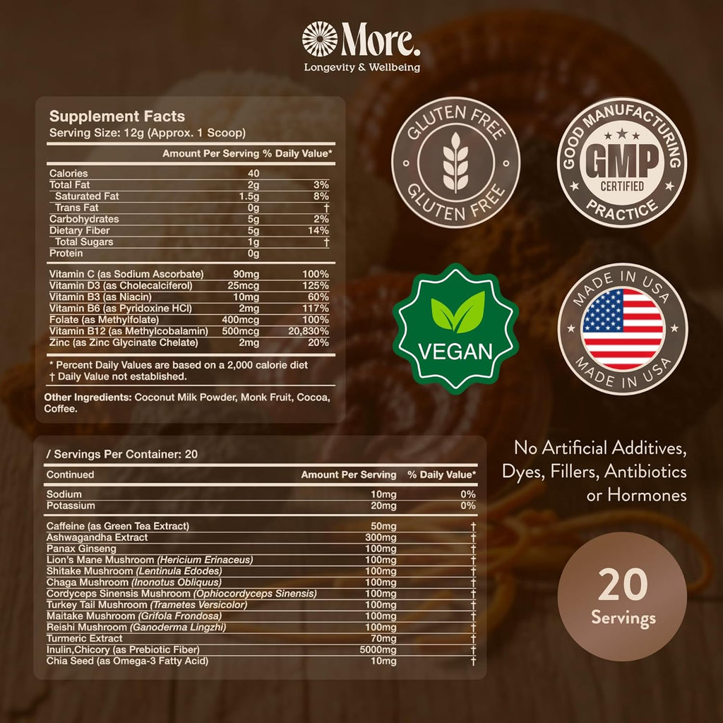 More. Longevity & Wellbeing Mushroom Coffee Superfood – 7 Functional Mushrooms with Lion’s Mane, Reishi, Chaga & Ashwagandha Extract, Instant Coffee Alternative with Prebiotics and Essential Vitamins for Focus & Energy, Mocha