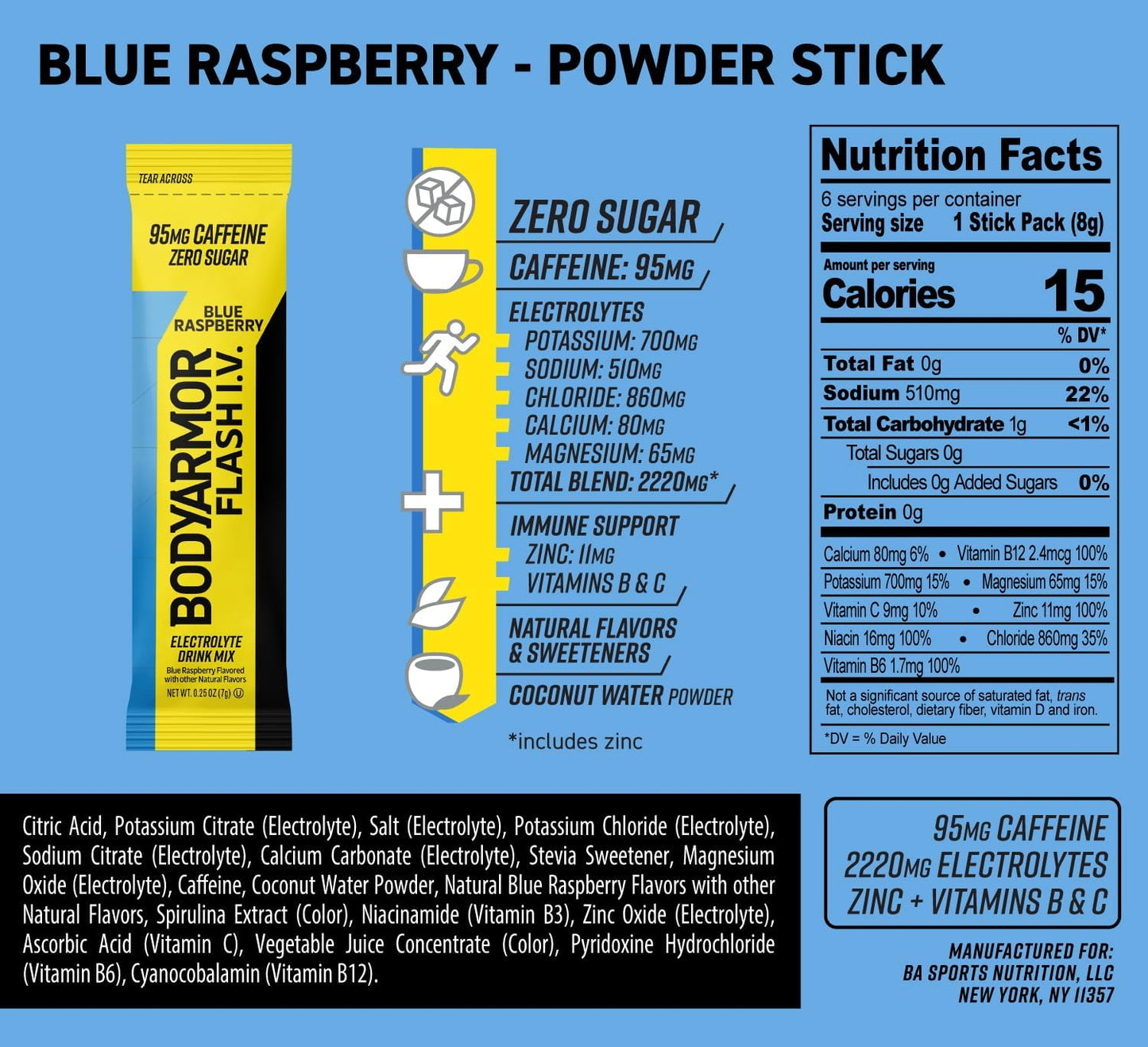 BODYARMOR Caffeinated Flash I.V. Electrolyte Packets Blue Raspberry - Zero Sugar Energy Drink Mix, Single Serve Packs, Hydration for Pre Workout, Travel Essentials, Active Lifestyle (6 Count)