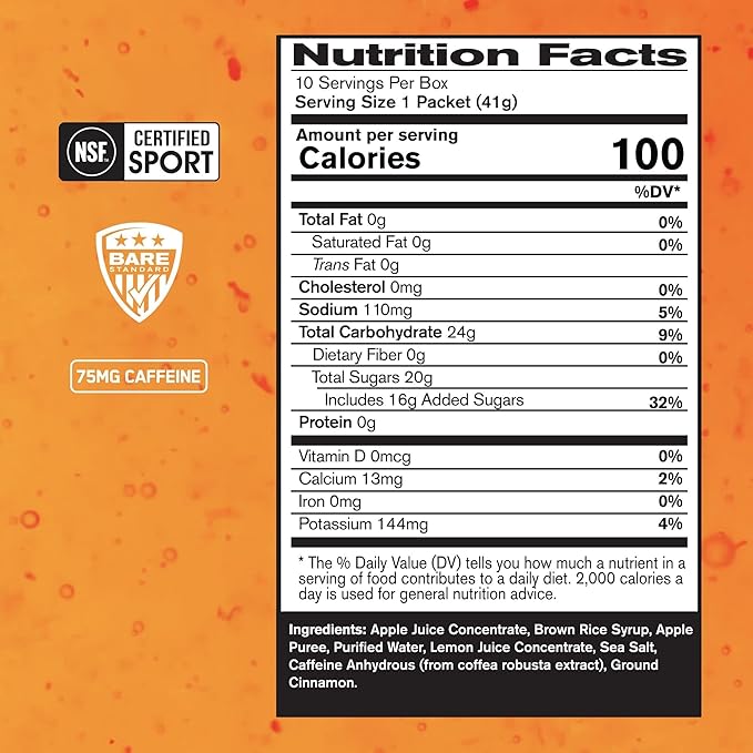 BARE PERFORMANCE NUTRITION, BPN Go Gel Endurance, 24g of Carbohydrates & 100 Calories per Pack, Vegan + Gluten Free Running Gel, 10 Single-Serving Packs, Caffeinated Apple Cinnamon