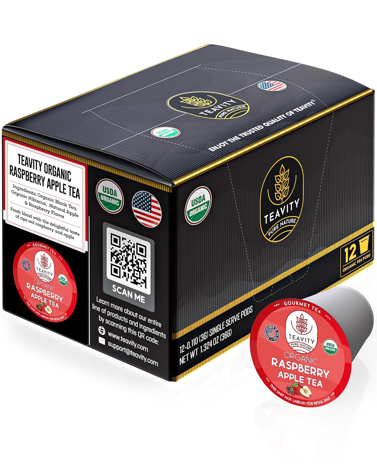 Organic Raspberry Apple Black Tea Pods for Keurig - Naturally Caffeinated Fruit Tea by Teavity (12 Tea Pods)
