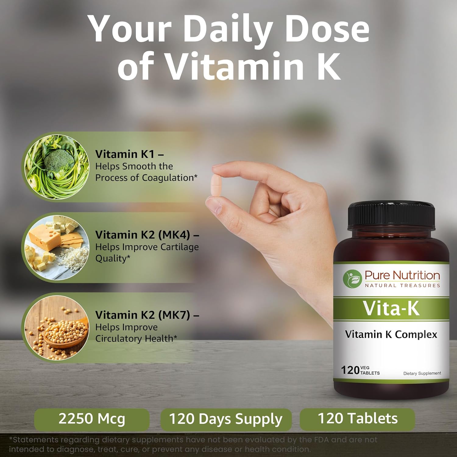 Pure Nutrition Vitamin K Complex K1 + K2 | 2250 mcg | 120 Tab | Full Spectrum K Vitamin Supplement with K1 1000mcg, K2 as MK4 1000mcg + K2 as MK7 250 mcg | Non GMO | Gluten Free
